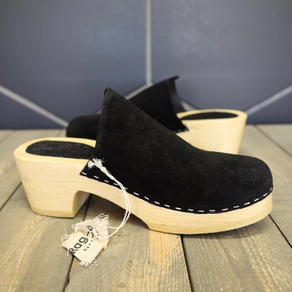 Womens Rag & Co Darcie Black Suede Wooden Clogs Handmade Mule Lotta Swedish Shoe - Picture 4 of 8